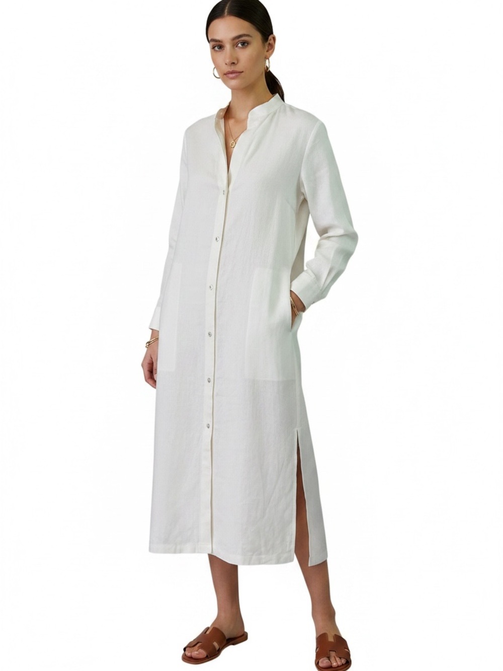 NWT FINE BRAND Organic Linen Mandarin Collar MIDI Shirt DRESS Off White Sz S